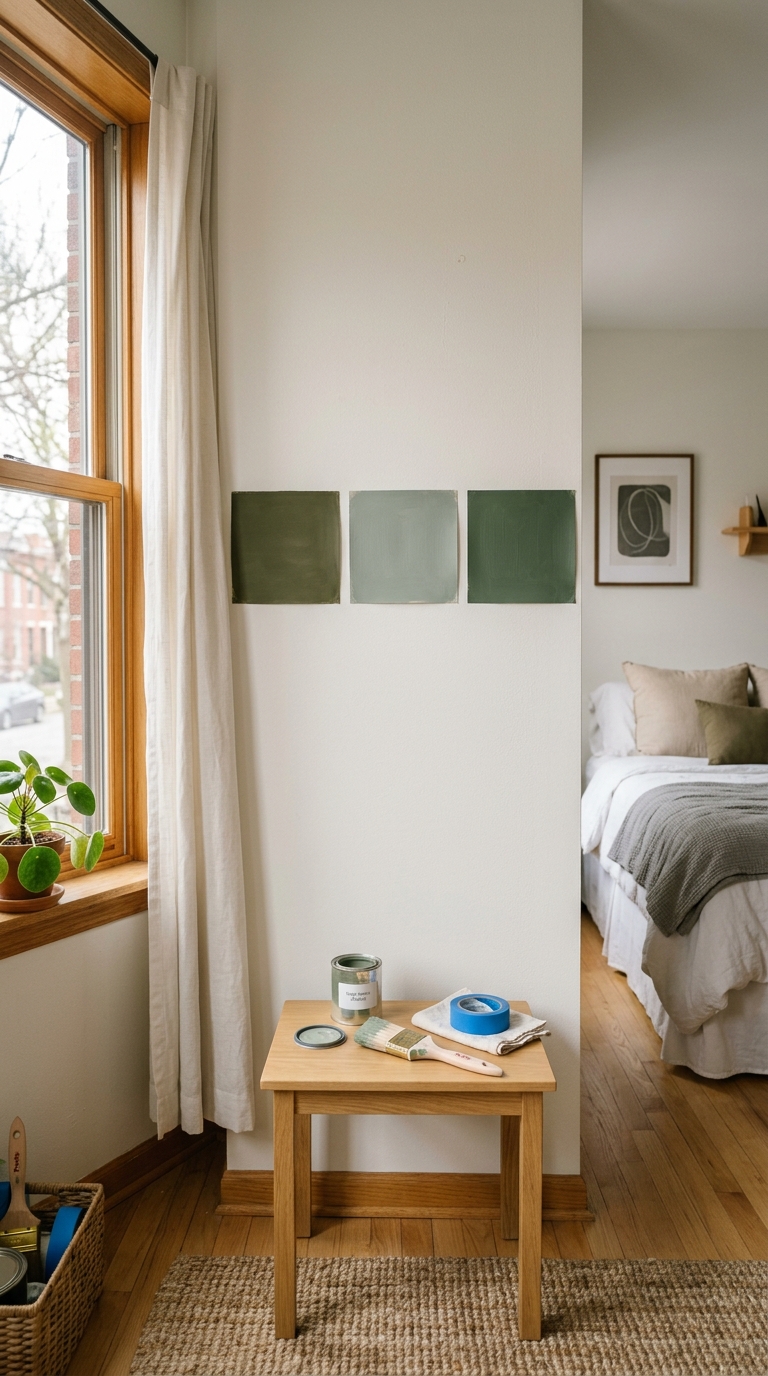 Three large green paint patches tested side-by-side on a bedroom wall next to a window with sample cans on a wood table