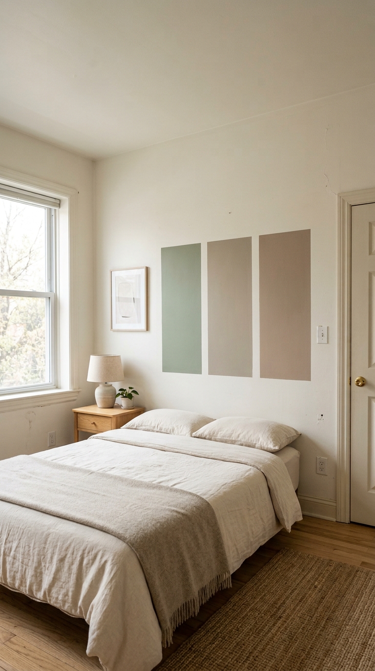  Testing paint samples next to a window to evaluate natural daylight before color drenching a compact room.