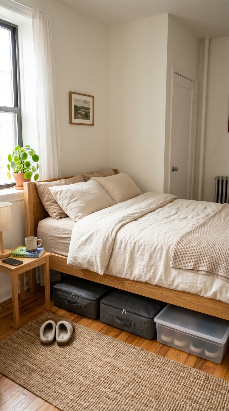 Under-bed storage boxes in a small bedroom