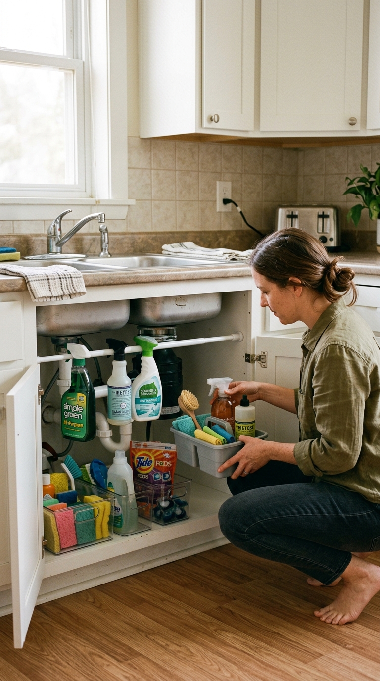 Woman organizing under a kitchen sink using a tension rod for spray bottles and bins for sponges and cleaning pods