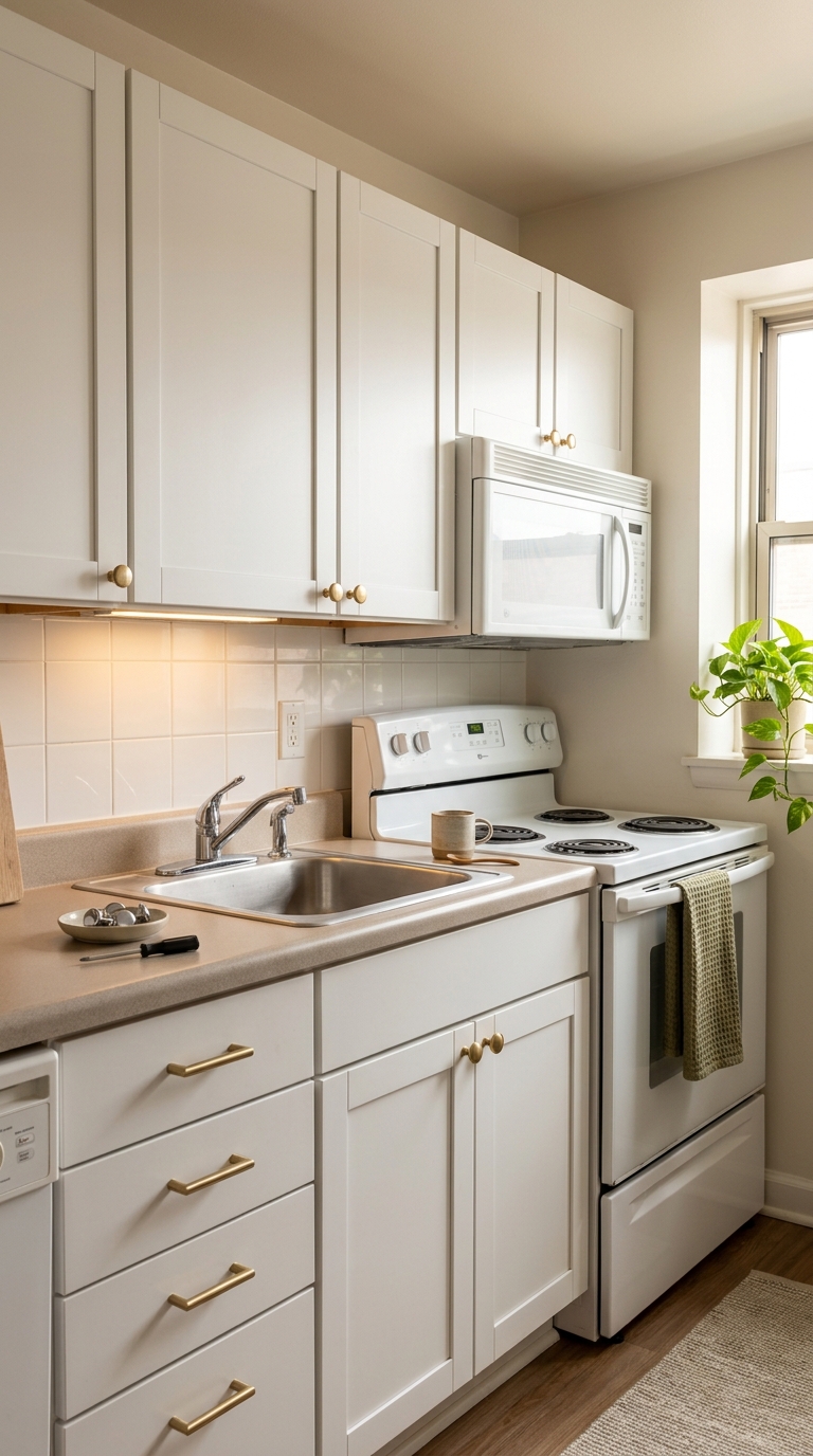 Warm brushed brass knobs and drawer pulls installed on white rental kitchen cabinets with old hardware placed on the counter.