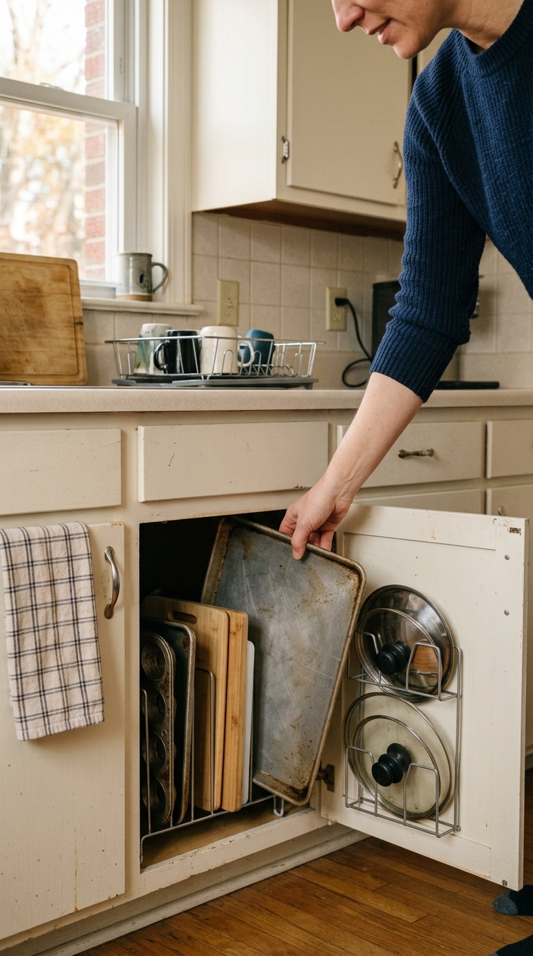 Woman sliding a baking sheet into a vertical divider rack inside a lower kitchen cabinet next to door-mounted pot lids