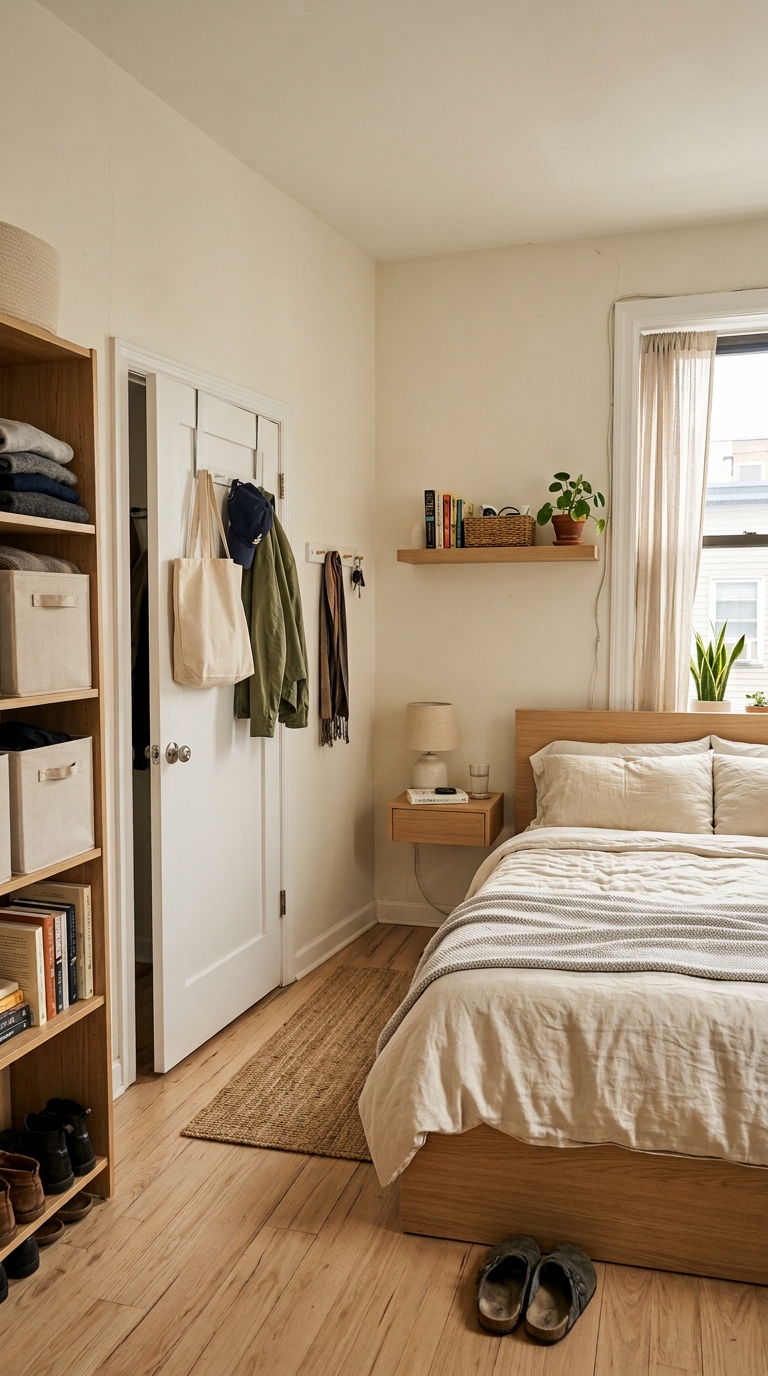 Vertical wall storage in a small bedroom