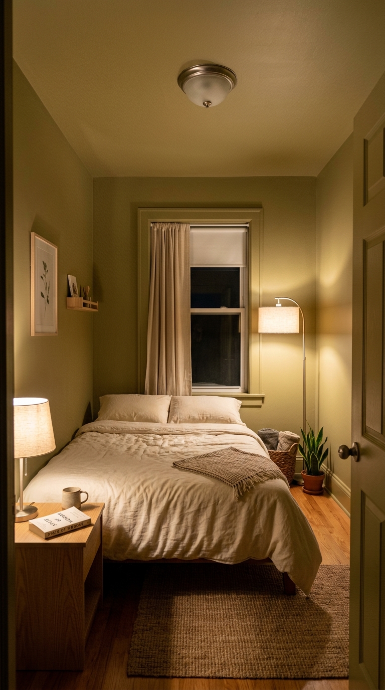 Small cozy bedroom color drenched in deep olive green paint with a warm glowing table lamp at night and a window looking out into the evening