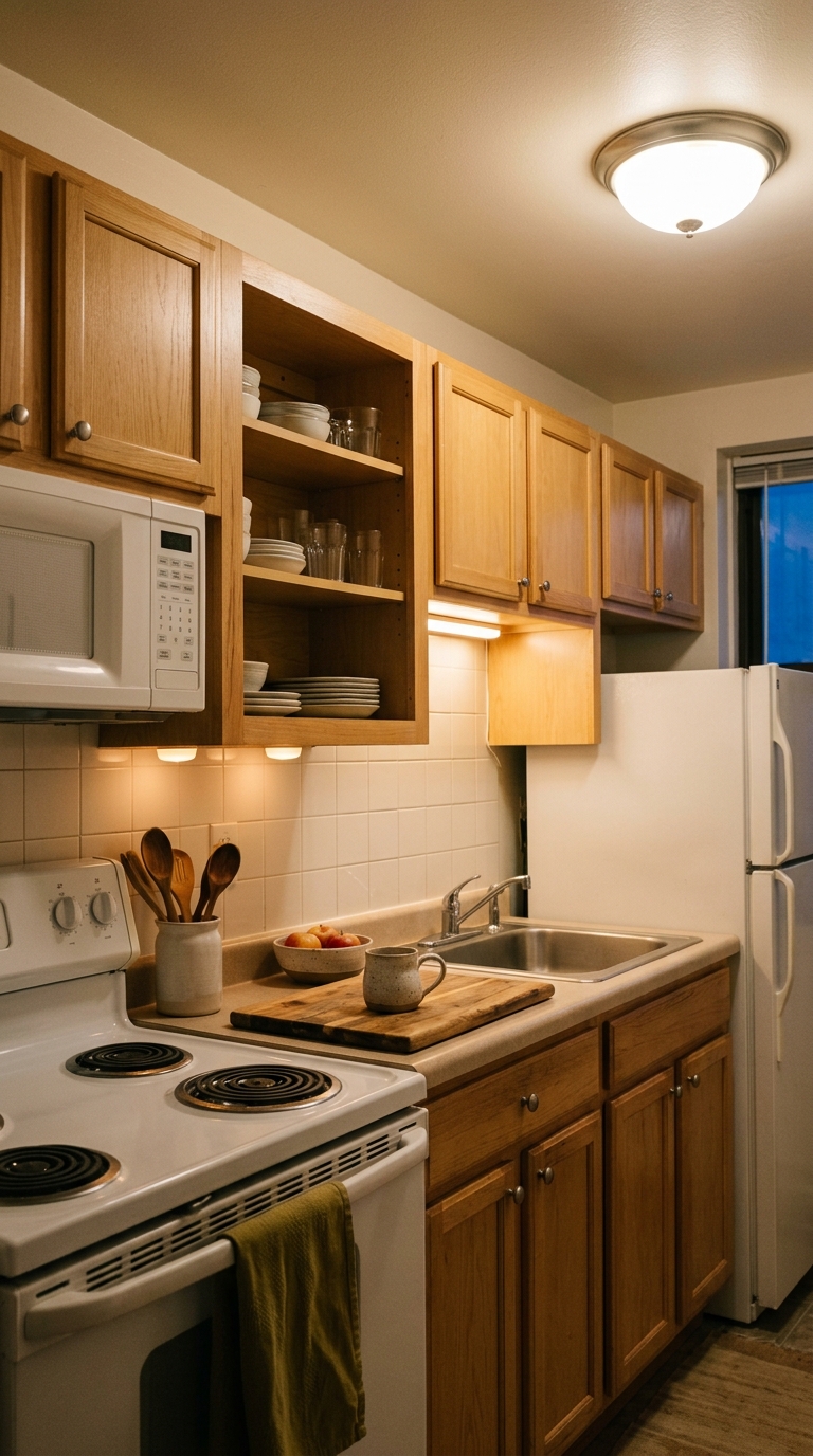 A small rental apartment kitchen illuminated with warm under-cabinet lighting and overhead light to brighten laminate counters.