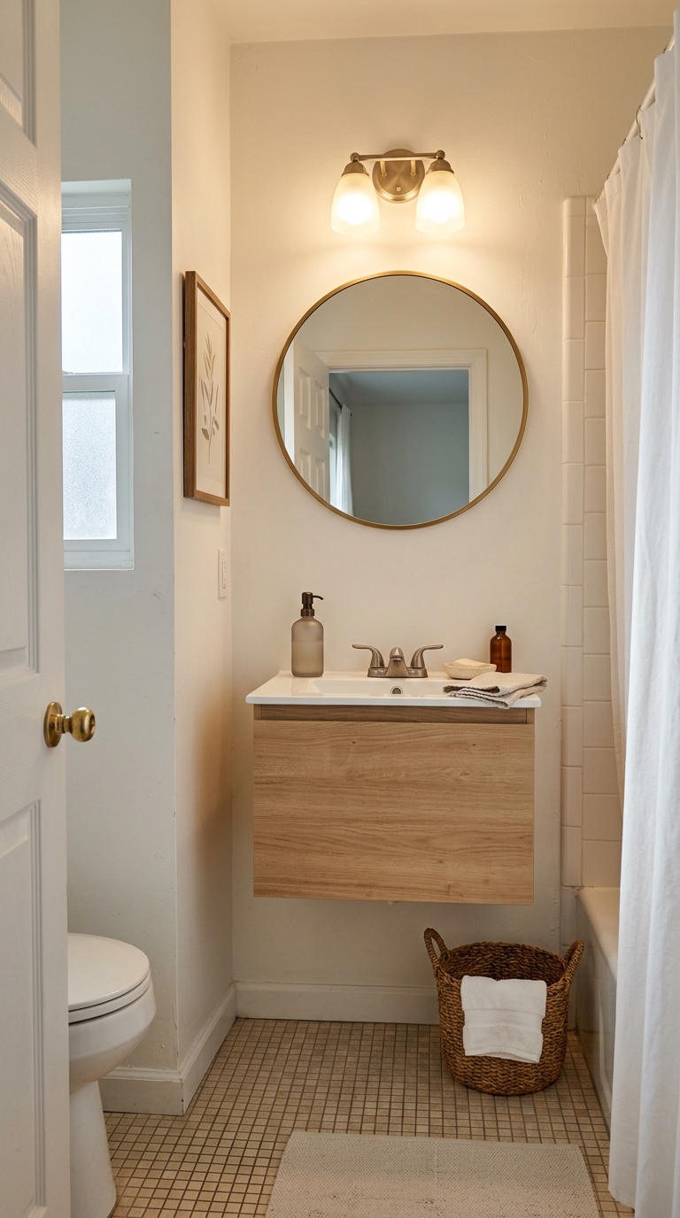 A small bathroom featuring a floating wood vanity with a well-proportioned round mirror and a single woven storage basket underneath.