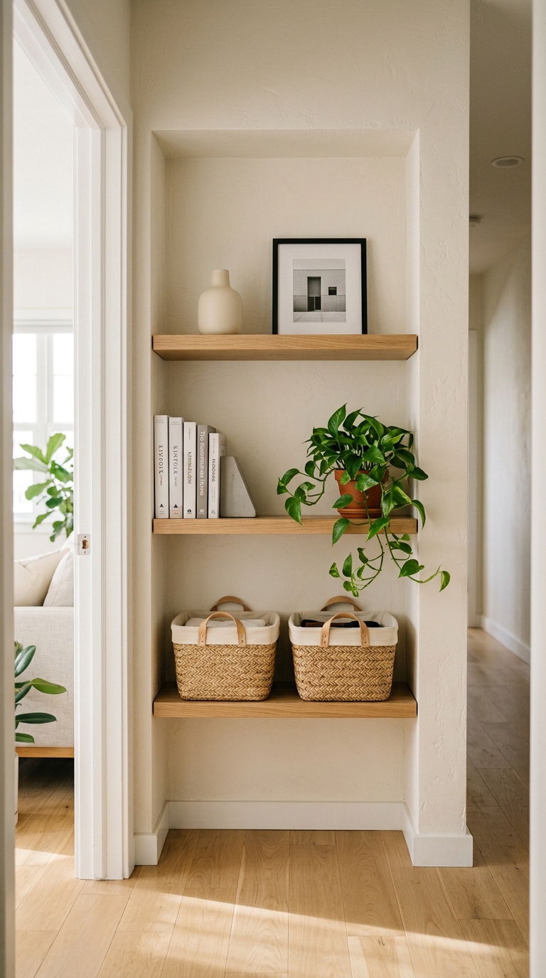 Shallow architectural wall alcove fitted with three floating oak shelves holding woven storage baskets, books, and a plant.