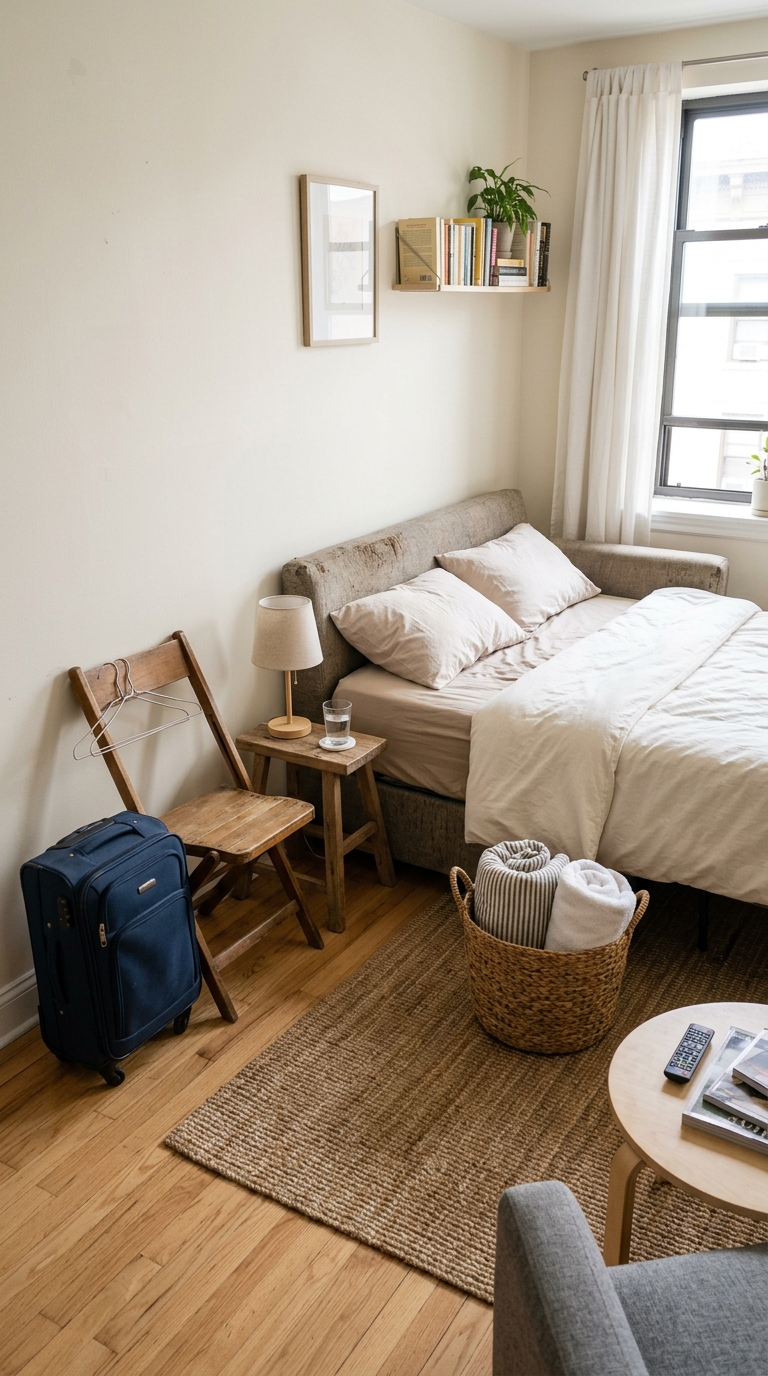 Affordable small-room guest setup utilizing an everyday wooden folding chair as a bedside table and a woven floor basket