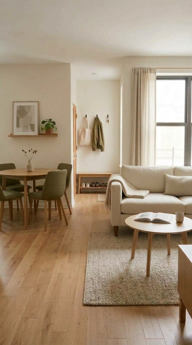Calm organized small apartment with practical entryway storage