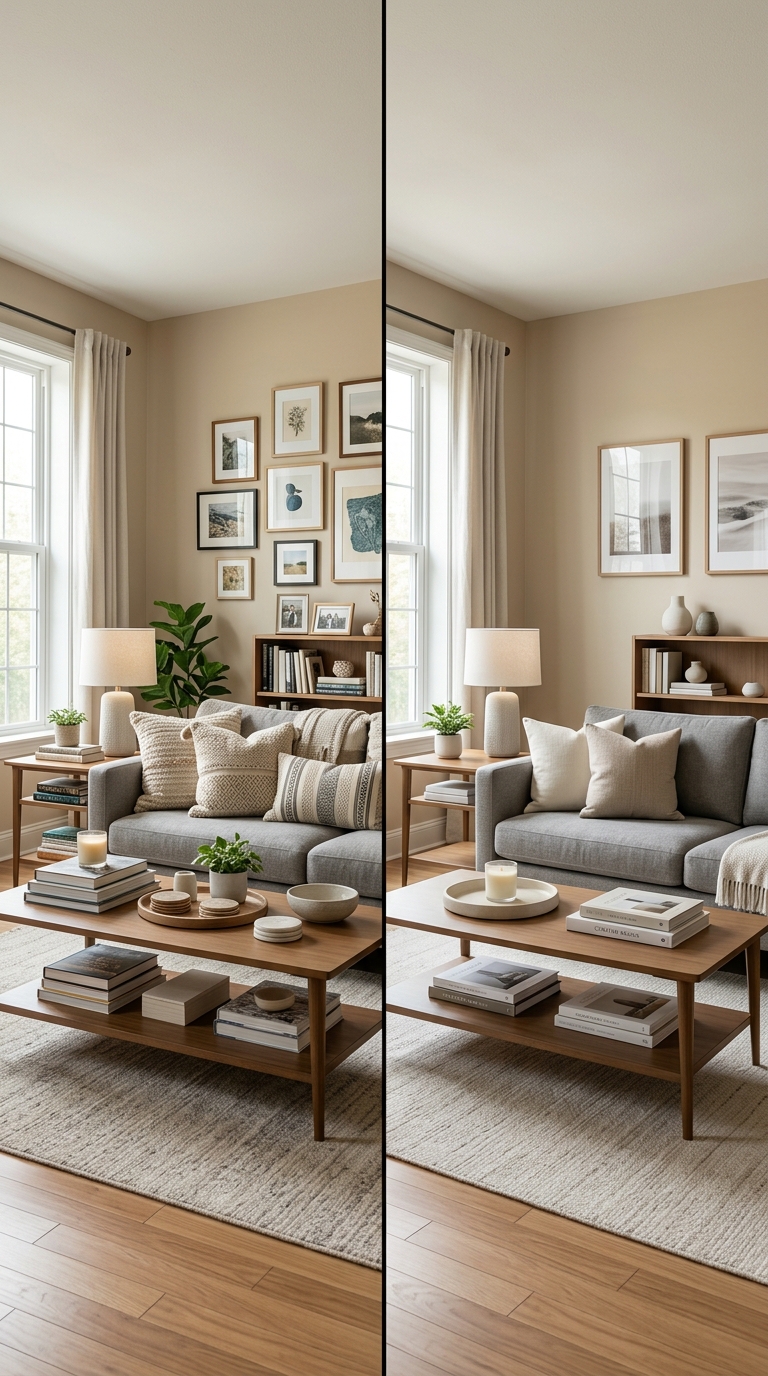 Side-by-side comparison of a clean living room with visual clutter versus an edited, visually calm living room with simplified decor