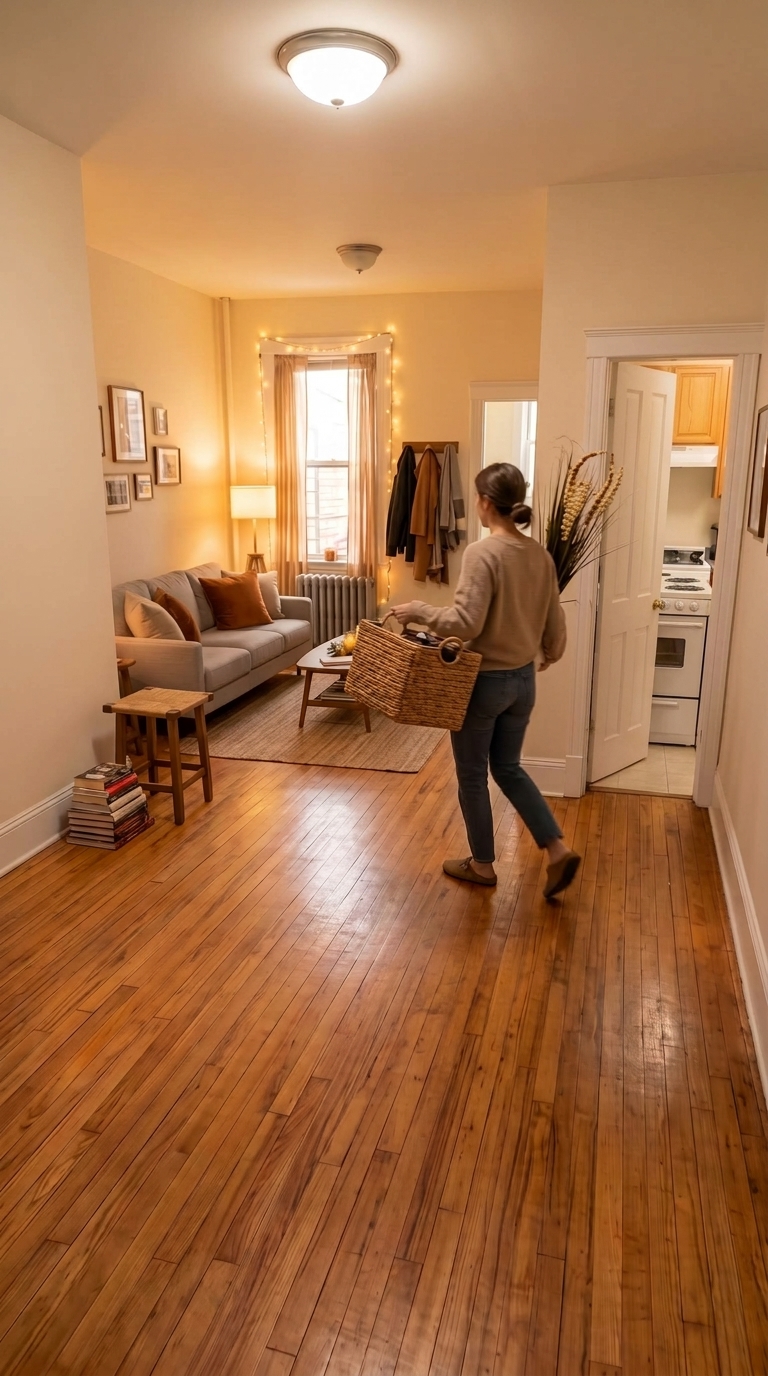 Woman carrying a storage basket and dried plant out of a small living room to clear floor space for Thanksgiving hosting