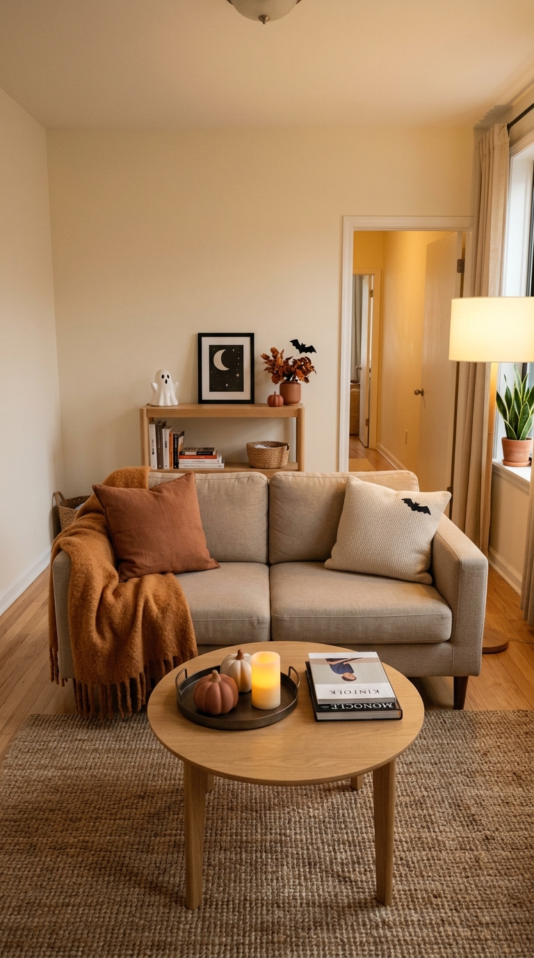 Neutral small apartment sofa with cozy throw blanket and a coffee table styled with a minimal Halloween tray leaving empty space for daily use.