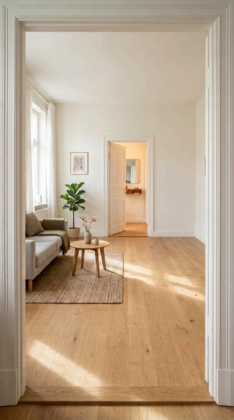 view from doorway threshold showing unobstructed walking path across sunlit living room floor