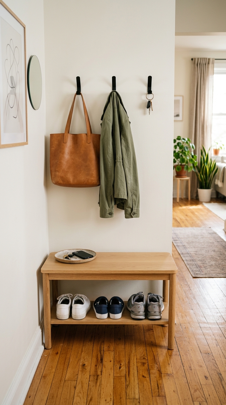 Compact apartment entryway with a narrow oak bench, shoes neatly organized on the lower shelf, and wall hooks holding a bag and jacket.