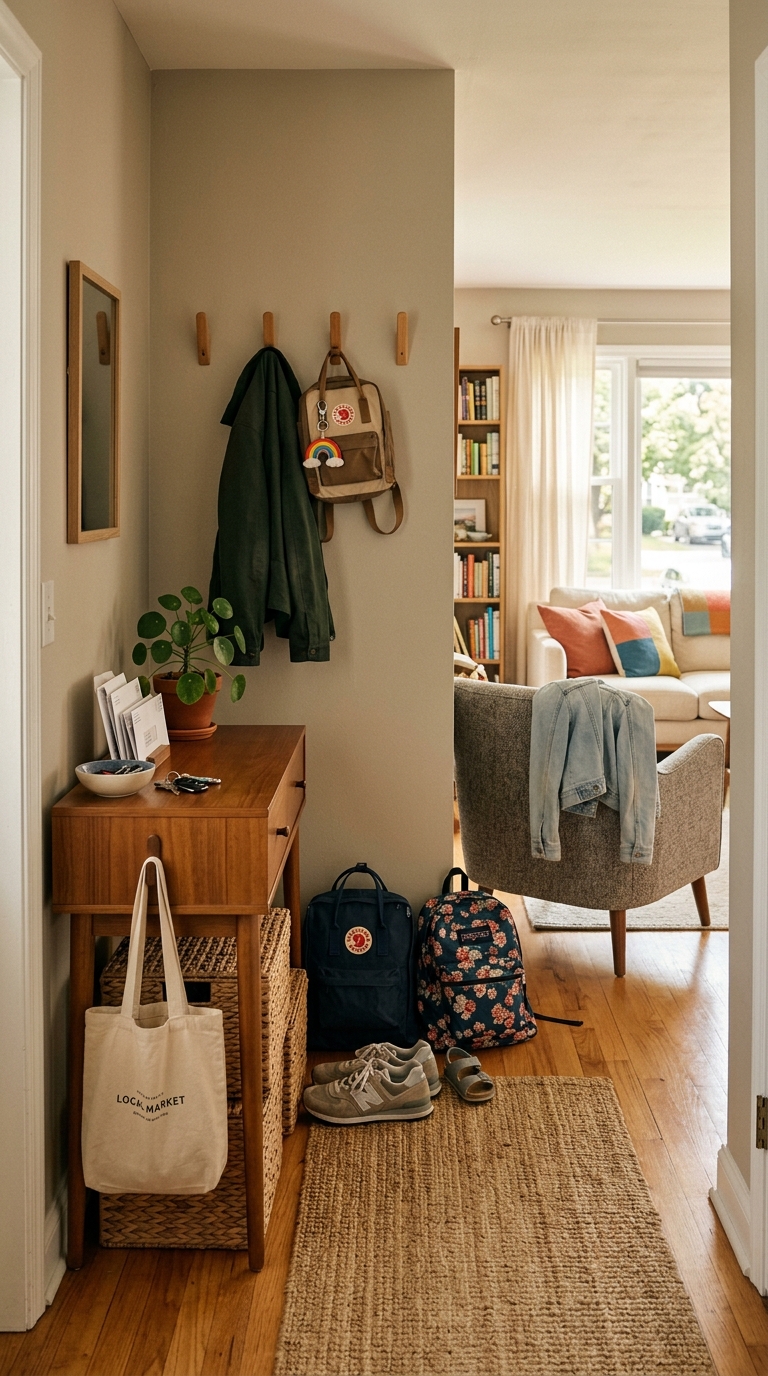 Apartment entryway with school backpacks, shoes, and a jacket illustrating why a home can feel cluttered
