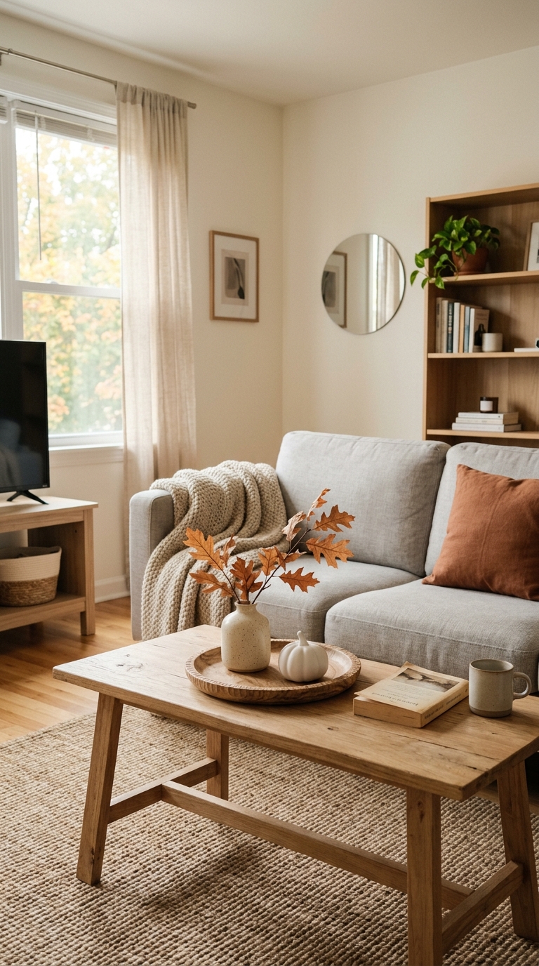 Small apartment living room coffee table styled with a minimal autumn tray vignette leaving open functional space