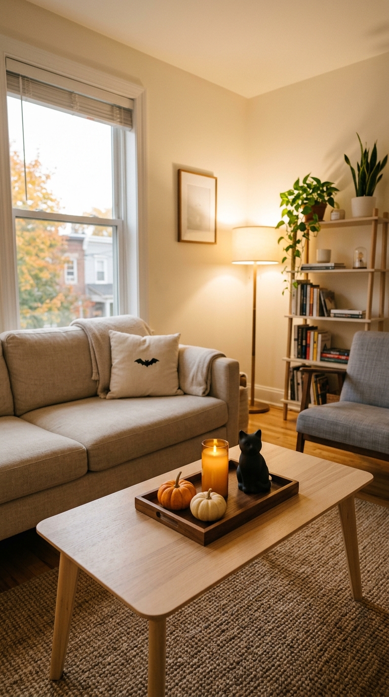 Angled view of a compact living room with clean walls and a focused wooden tray of mini pumpkins and candles on the coffee table.