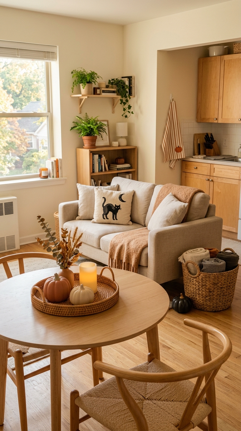 Compact living and dining area with woven blanket storage baskets, seasonal sofa textiles, and a dual-purpose wooden table centerpiece.
