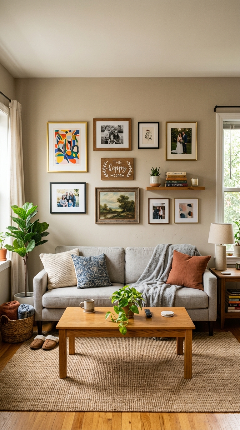 Clean living room with tidy sofa and a busy gallery wall of multiple framed photos and a floating shelf