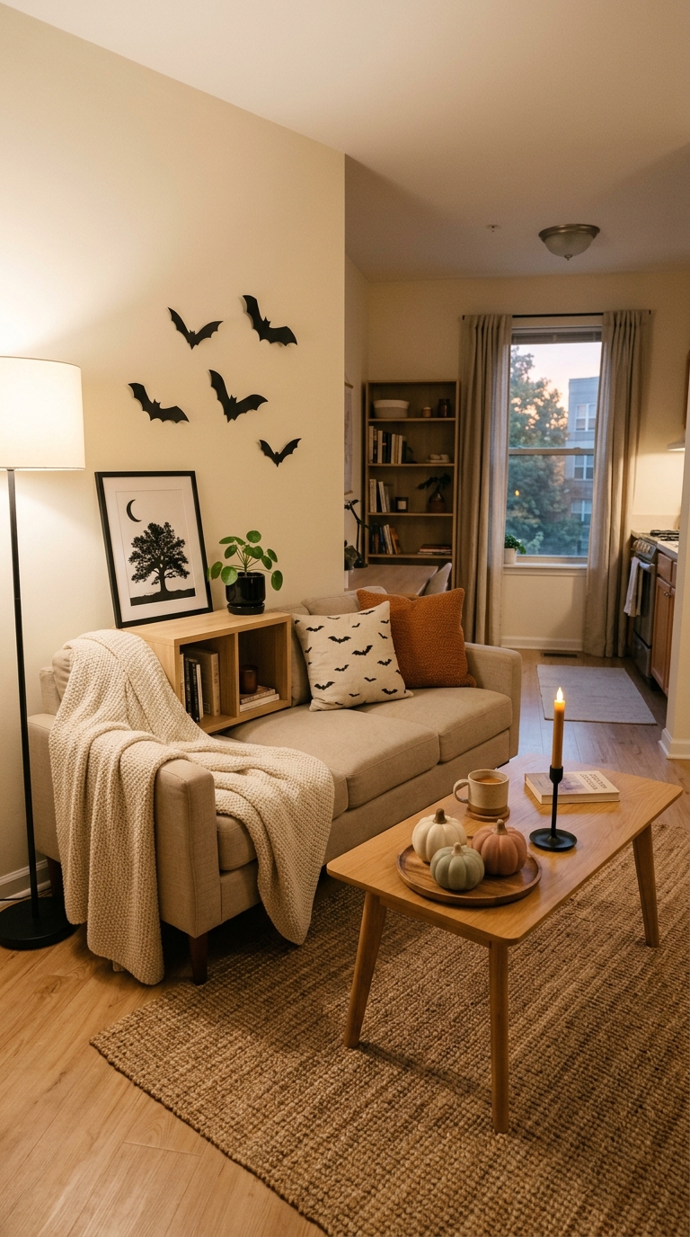 Living room with bat wall silhouettes and pumpkins showing how to decorate a small home for Halloween with moderate seasonal intensity.