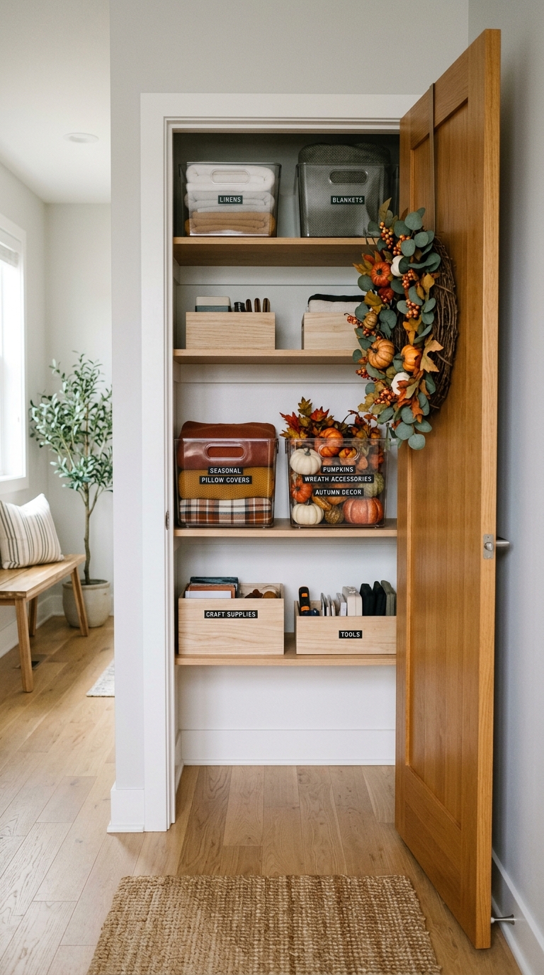 Organized small linen closet with neat bins and boxes showing how to decorate a small home for Halloween with dedicated storage.