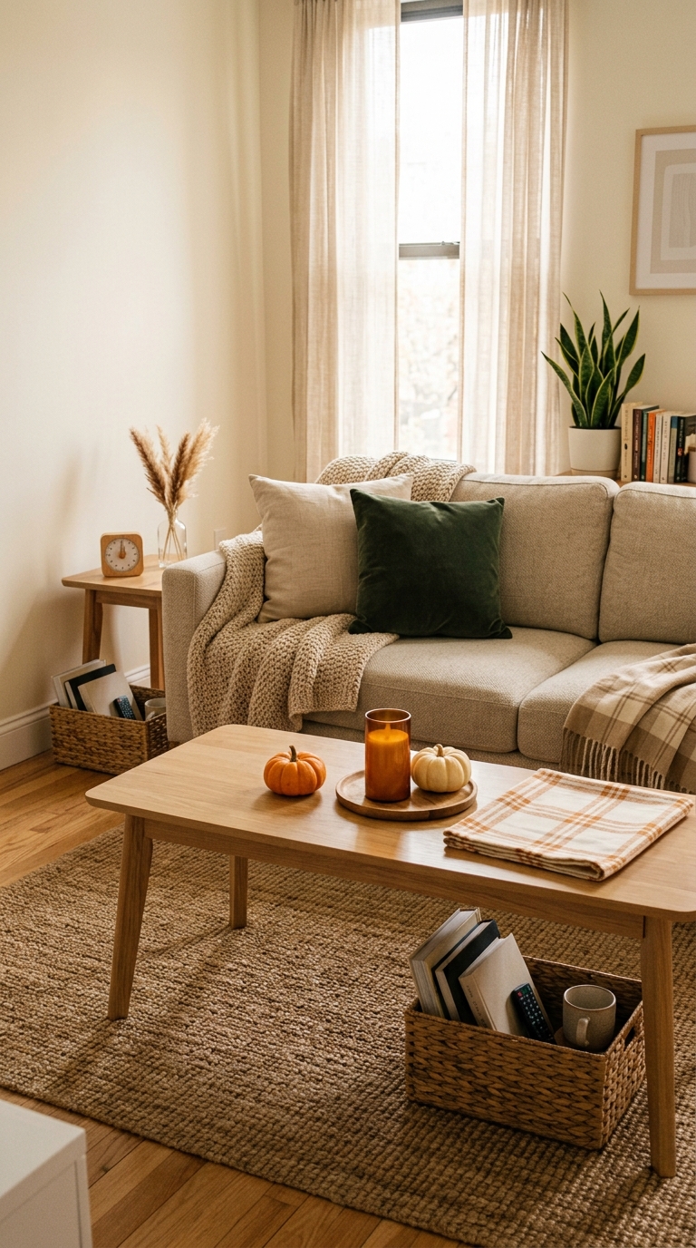 Living room coffee table with a storage basket and small pumpkins showing how to decorate a small home for Halloween with a quick 30-minute reset.
