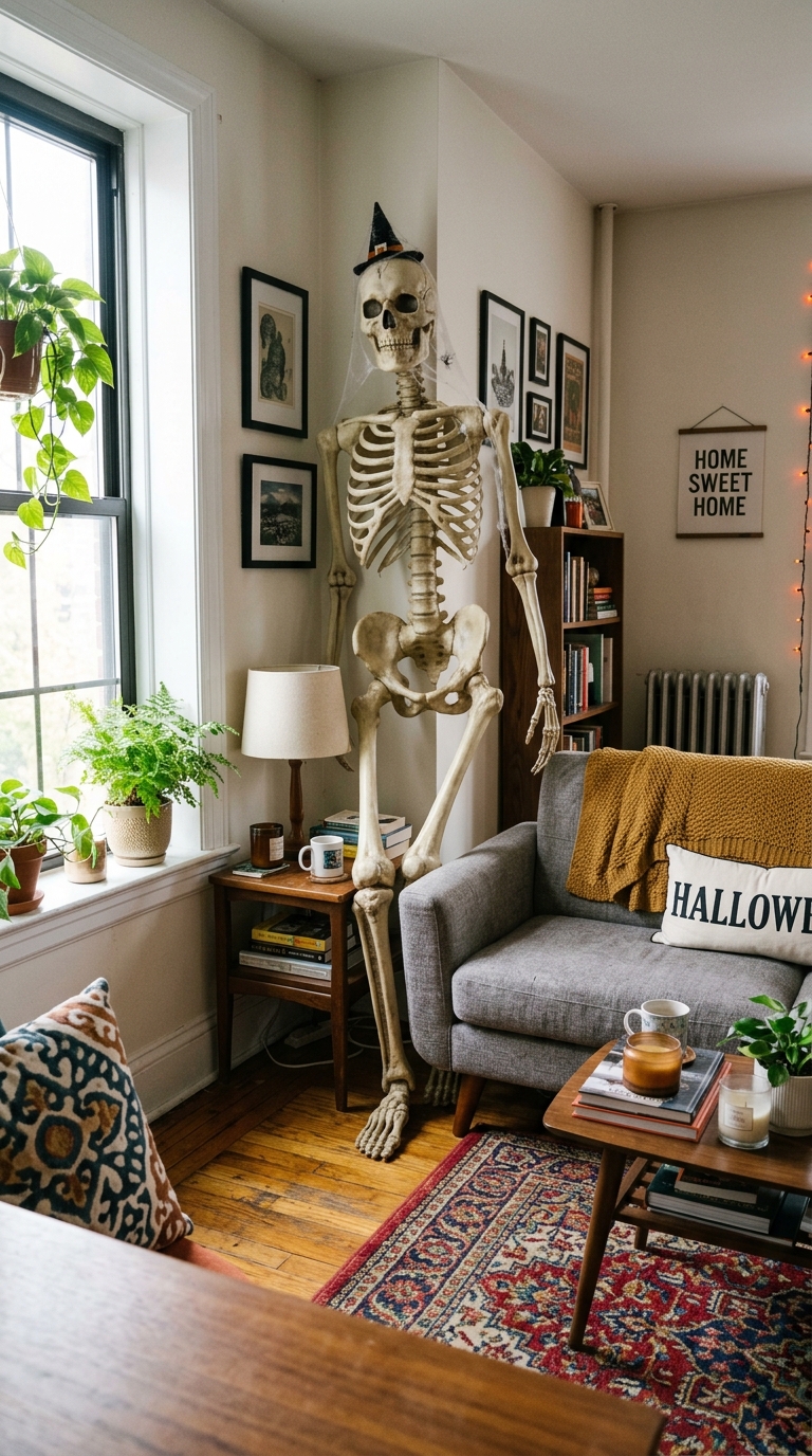Large decorative skeleton crowded in a small apartment corner showing how to decorate a small home for Halloween while considering storage limitations.