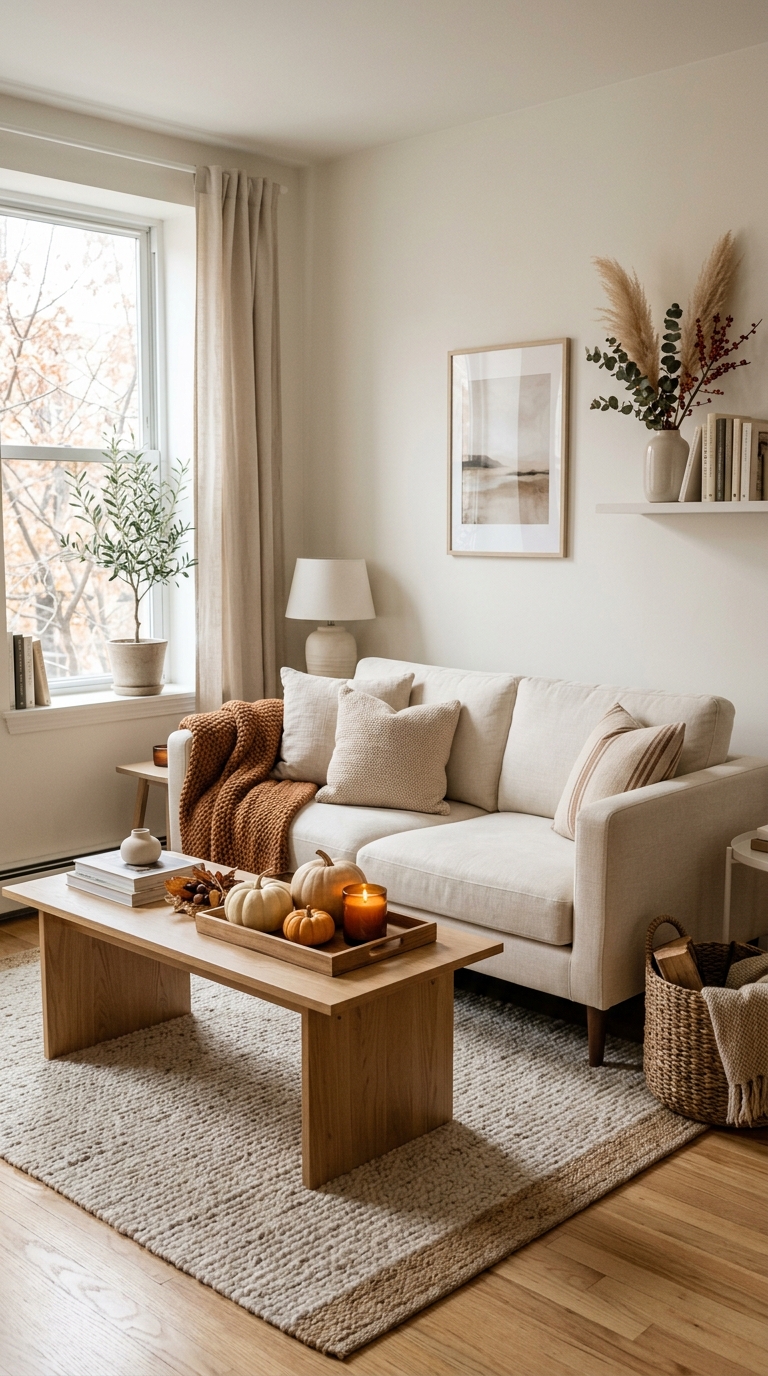 Neutral apartment living room with cozy pillows and natural pumpkins showing how to decorate a small home for Halloween with an easy November transition.