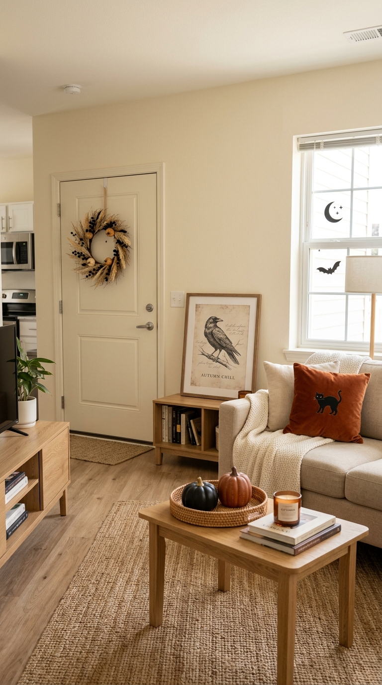Leaning art prints and temporary wreath showing how to decorate a small home for Halloween without damaging rental walls.