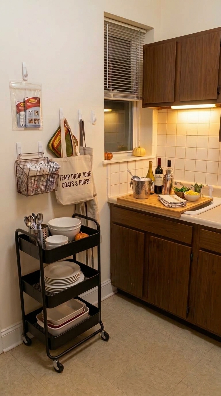 A close-up view of temporary, damage-free adhesive hooks, an over-the-sink cutting board, and a rolling cart, illustrating how to host Thanksgiving in a small rental home.
