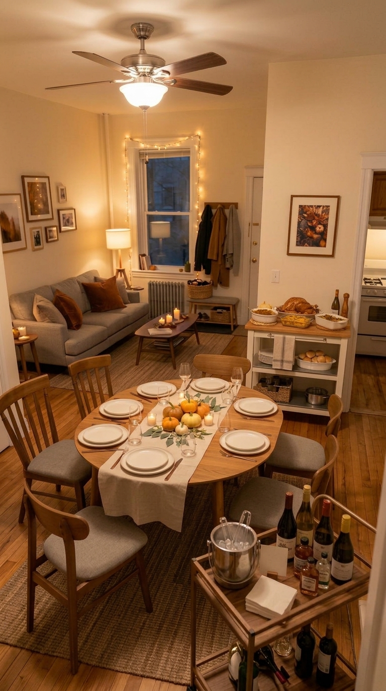 A high-angle view of a compact apartment living and dining area prepared for a small-home Thanksgiving gathering, demonstrating optimized space planning.
