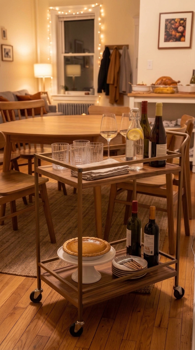 A two-tier bar cart styled with drinks and pumpkin pie showing how to host Thanksgiving in a small home by separating stations