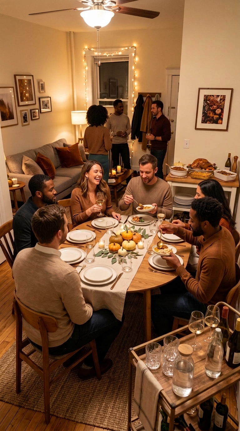 Friends gathered around an oval dining table having Thanksgiving dinner in a cozy small apartment with warm lighting and a low pumpkin centerpiece