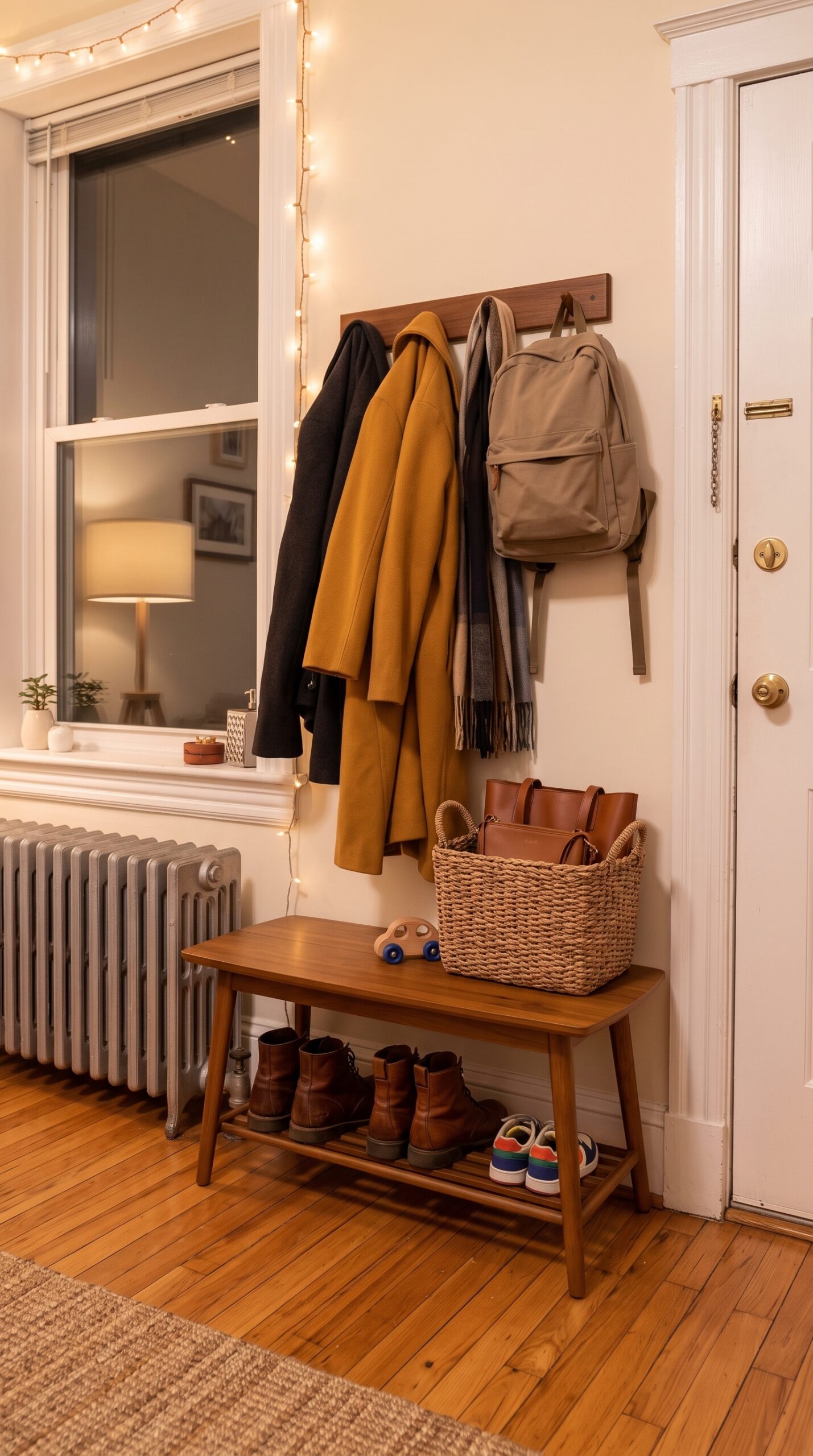 A compact entryway bench and coat rack showing how to host Thanksgiving in a small home by organizing bags and shoes