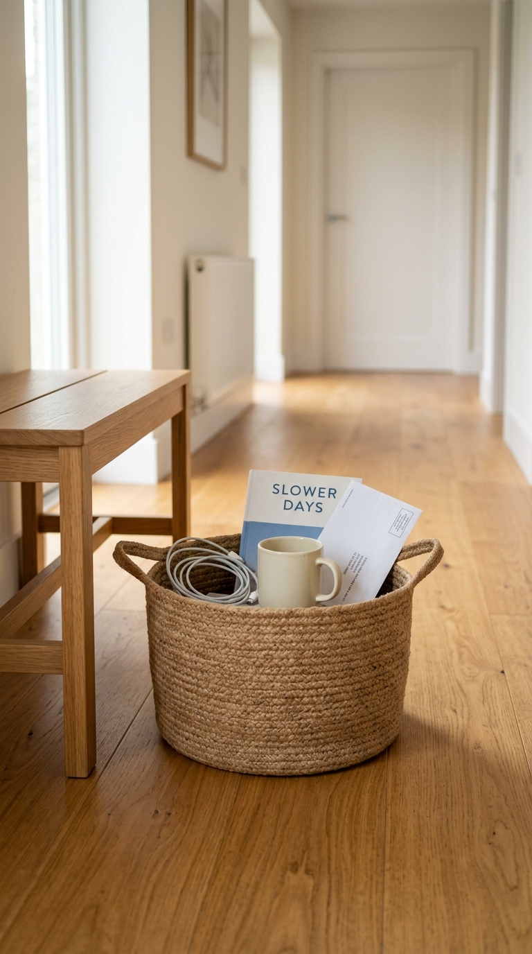 A round woven basket on a wooden floor holding misplaced items demonstrating how to organize a small home with little storage with a daily reset.