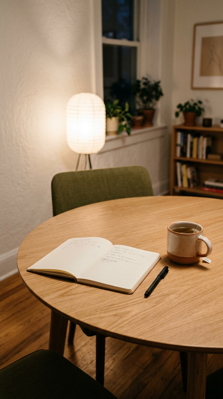 An open notebook, pen, and mug on an oak dining table showing how to organize a small home with little storage with an evening audit.