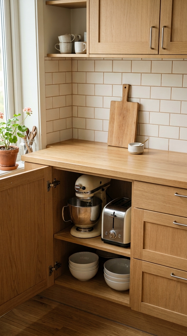 Lower kitchen cabinet open with appliances stored inside showing how to organize a small home with little storage by keeping counters clear.
