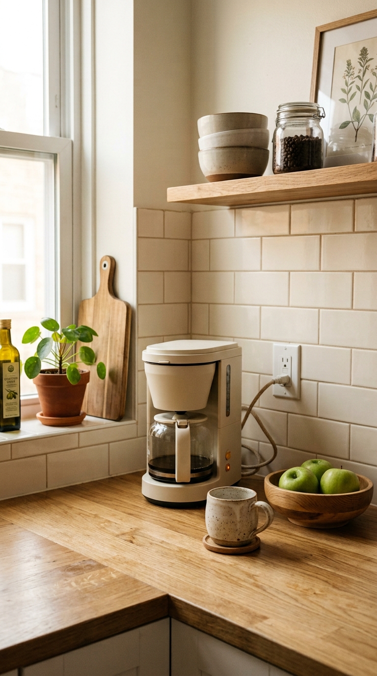 A practical kitchen counter with a coffee maker and fruit bowl showing how to organize a small home with little storage for daily use.