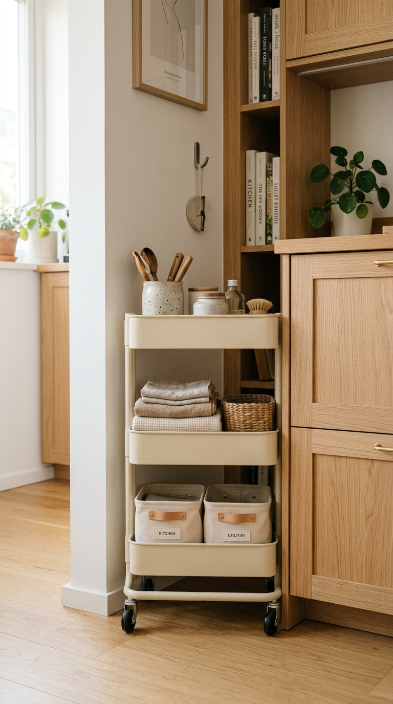 A slim three-tier rolling cart tucked into a narrow gap beside a cabinet showing how to organize a small home with little storage space.