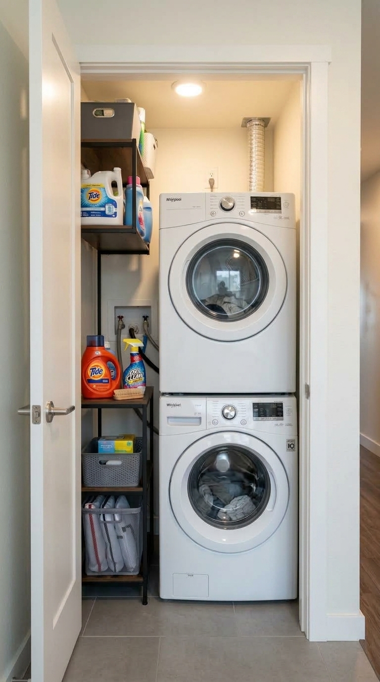 Compact laundry closet with open door showing stacked washer and dryer next to a slim vertical storage shelving unit.