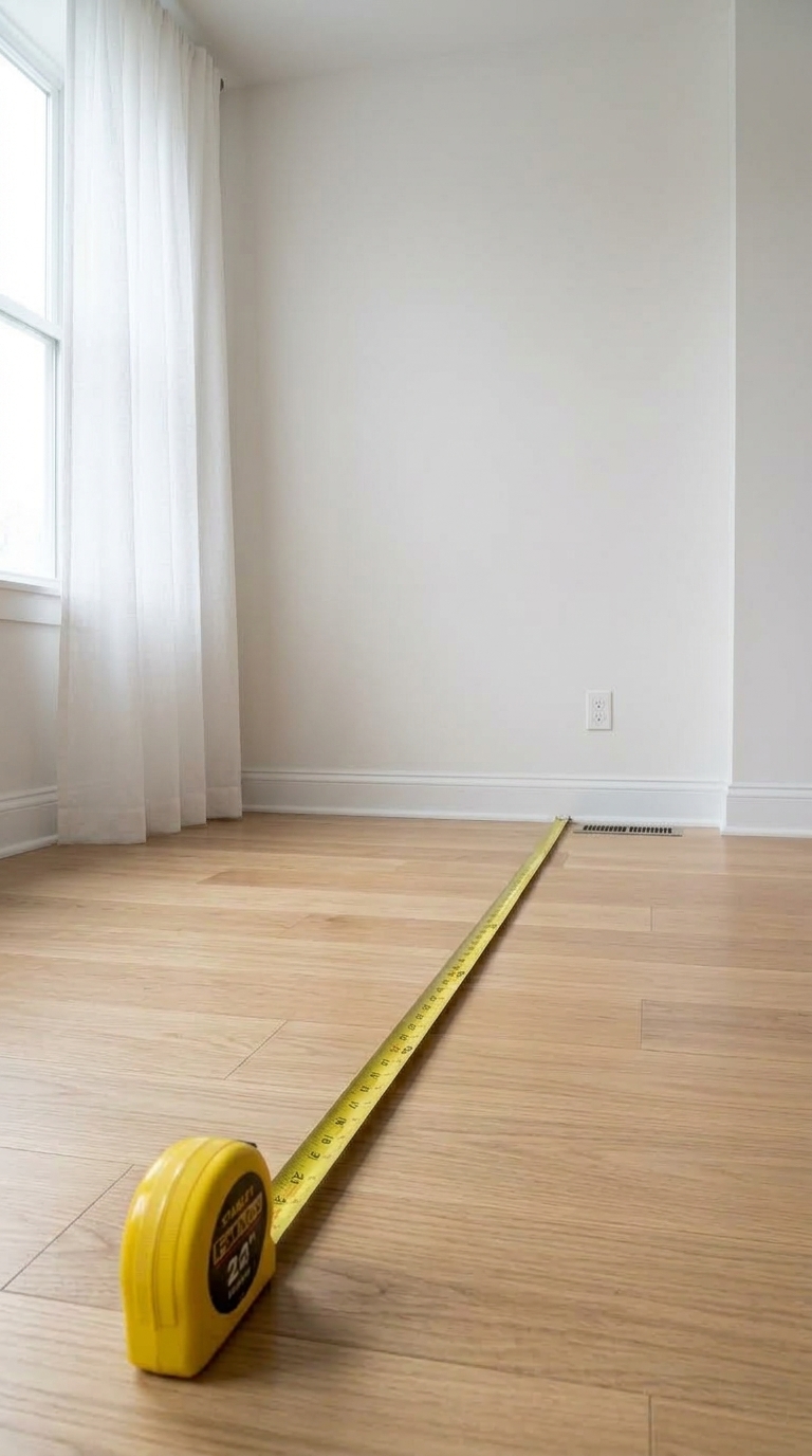 Painter's tape marking furniture footprints on a small living room floor