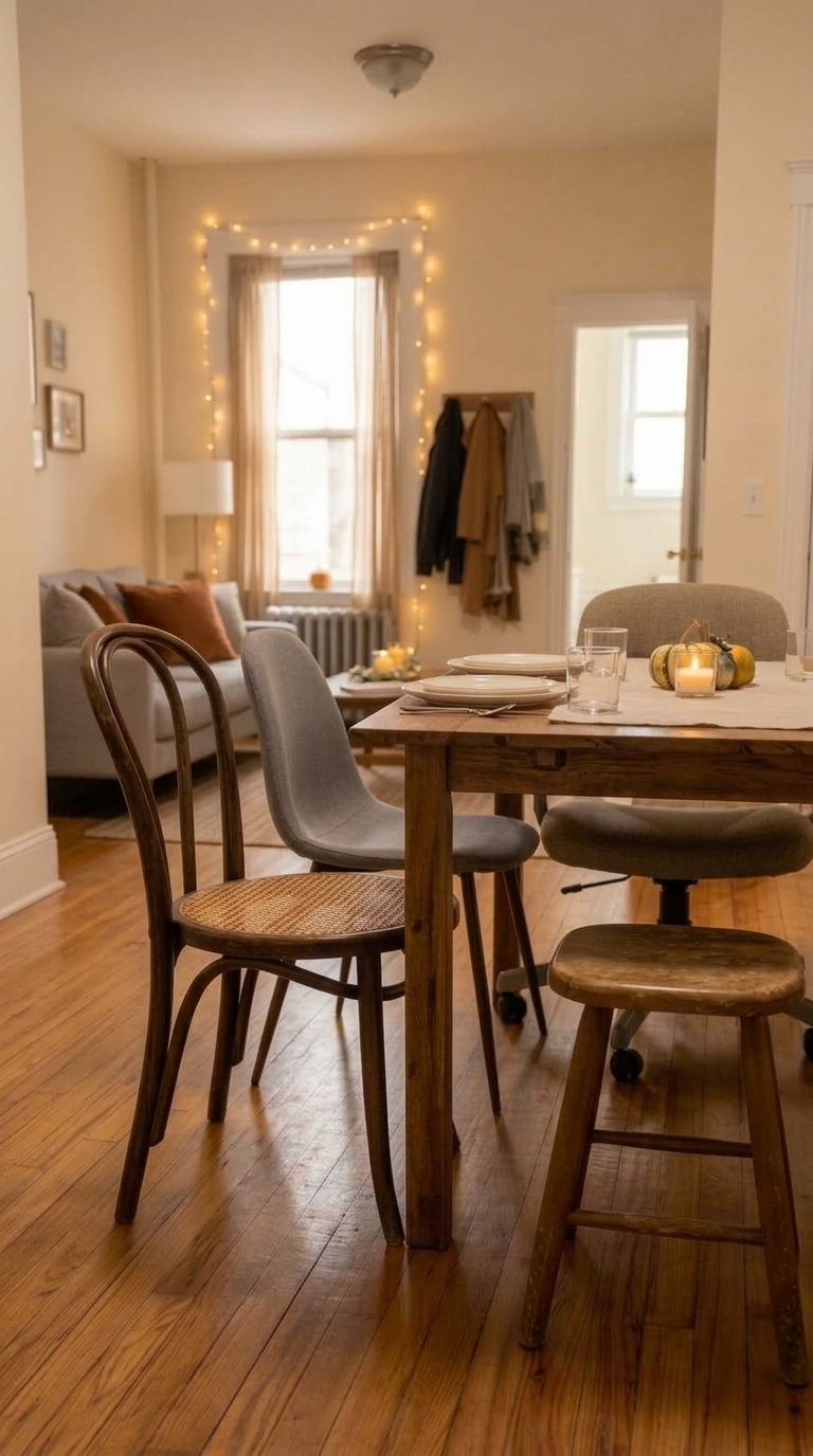 Close-up view of diverse mismatched dining chairs, including an office chair, a stool, and a bentwood chair, pulled up to a wooden Thanksgiving table in a cozy apartment