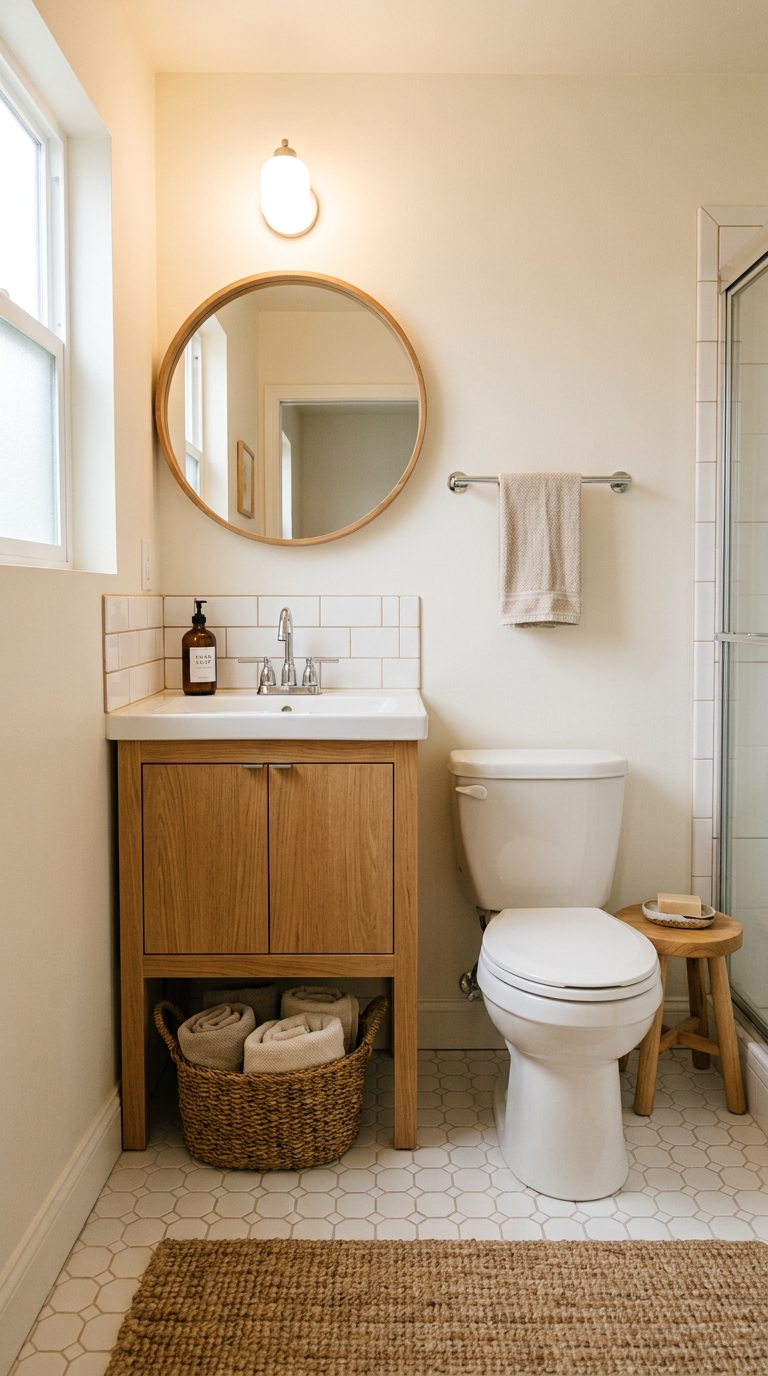 A compact bathroom with a warm oak vanity, a woven storage basket, and a textured runner rug softening hard tile surfaces.