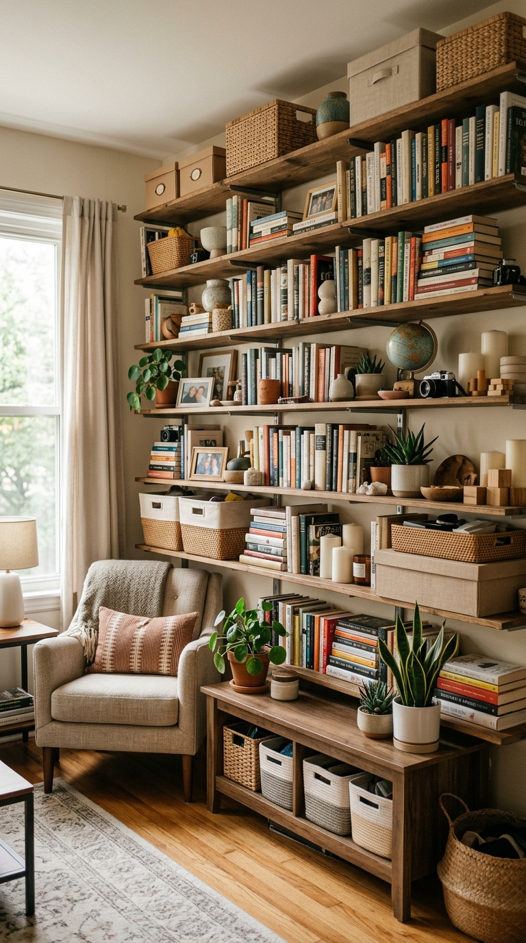 Living room with extensive wall-mounted open shelving filled with books, baskets, and decorative objects creating visual clutter