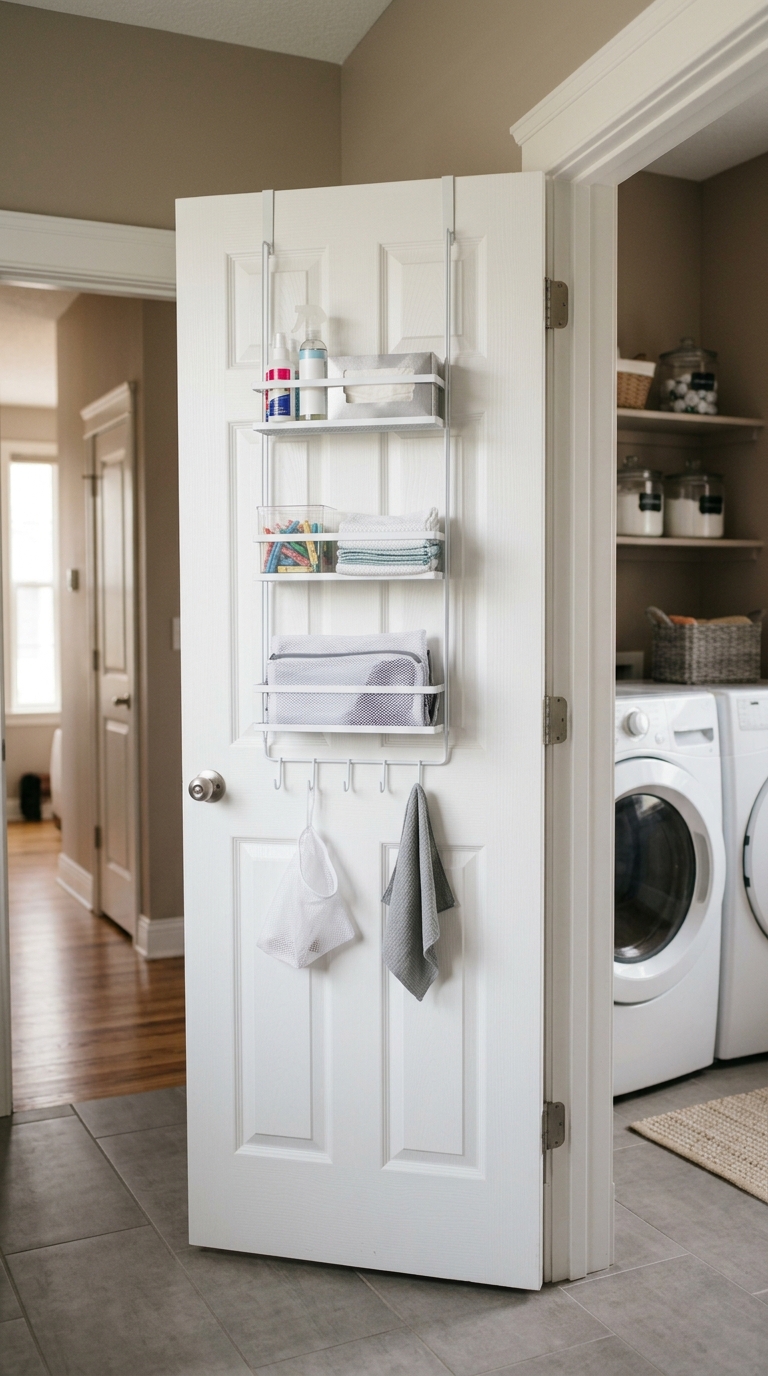White over-the-door organizer in a small laundry room holding stain sprays, dryer sheets, mesh wash bags, and cleaning cloths on hooks.