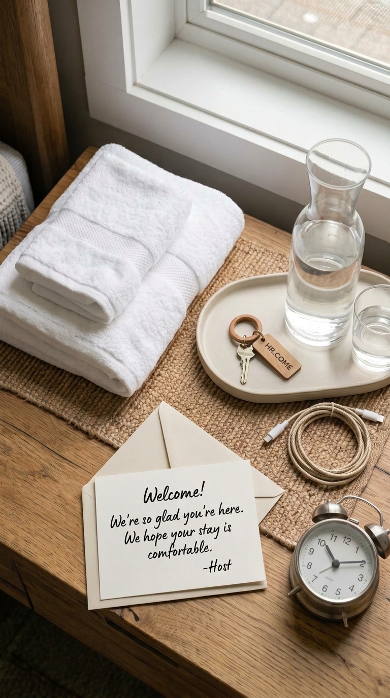 An overhead close-up photograph (flat-lay style) of a wooden surface, showing a curated collection of guest necessities including folded white towels, a handwritten welcome card, a water carafe, and a phone charger cable.