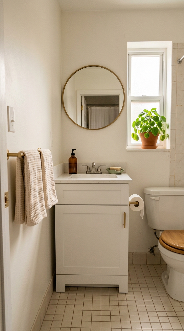 A bright compact bathroom vanity featuring a round brass mirror, an amber soap dispenser, a ceramic soap dish, and a potted plant on the windowsill.