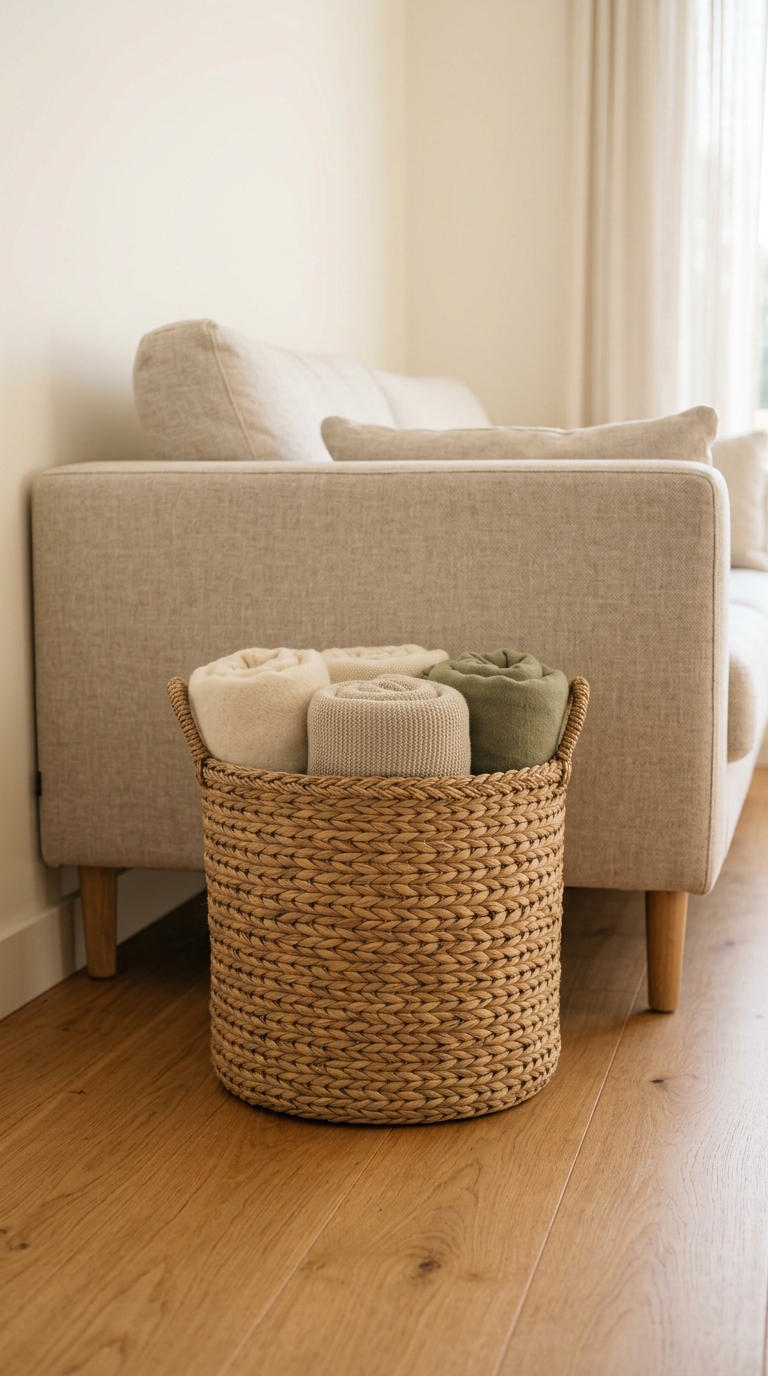 Cylindrical woven seagrass basket filled neatly with rolled neutral throw blankets beside a sofa on an oak floor.