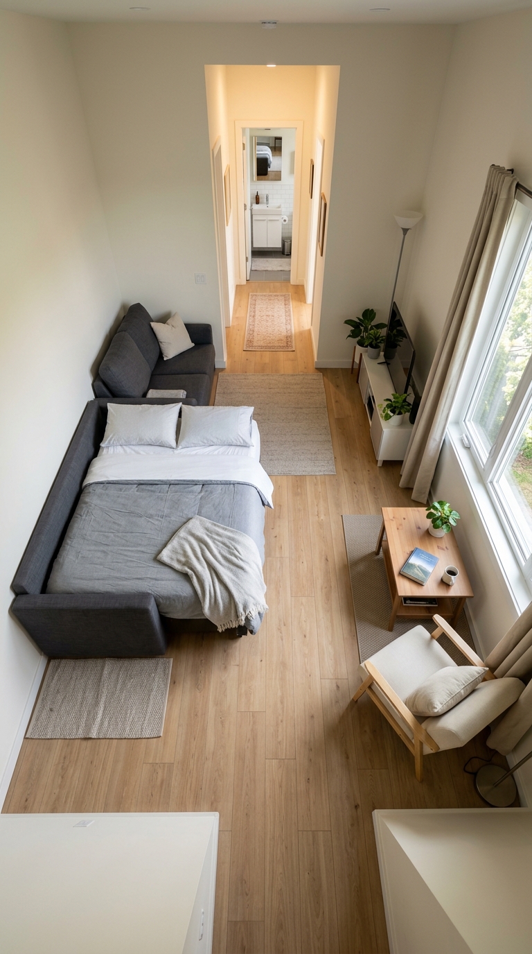 High-angle room view of a small living space layout showing an unfolded guest bed placed along the wall with an open walkway leading to the doorway.