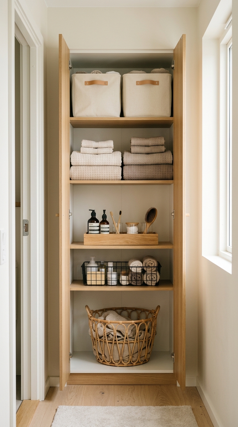 An open shallow apartment linen cupboard showing a vertical storage hierarchy with daily items at eye level and seasonal bins on top.